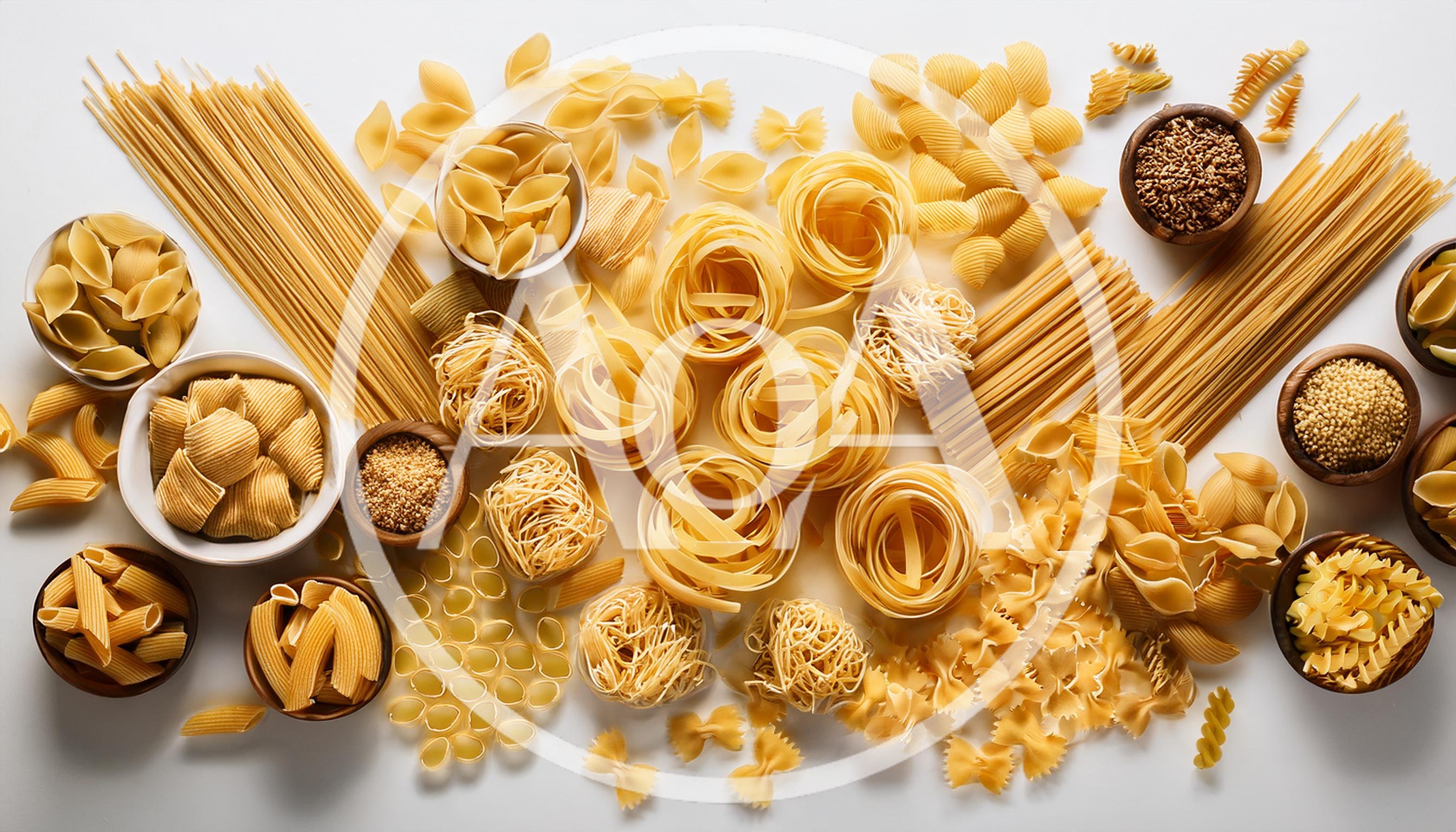 Assorted Dry Pasta Varieties on White Background