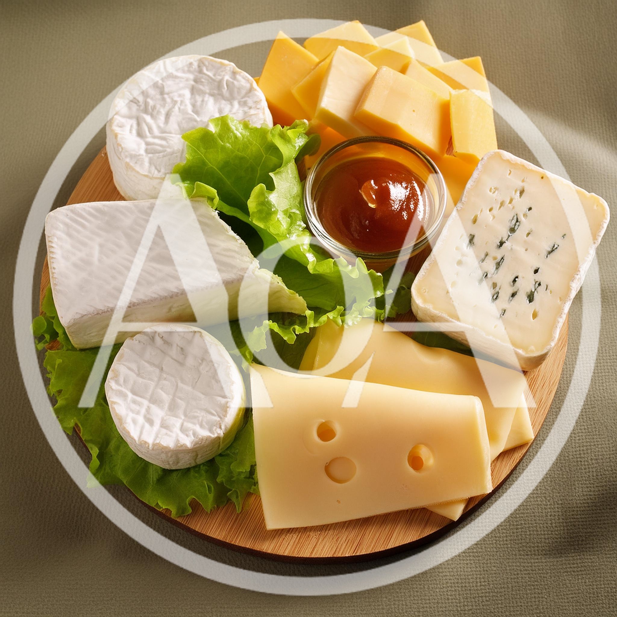 Assorted Cheese Platter With Honey On Wooden Board