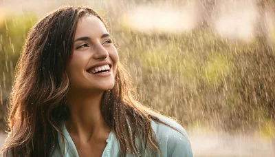 Happy Woman Enjoying Warm Summer Rain Outdoors