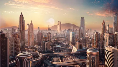 Futuristic Cityscape With Complex Highway Interchange At Sunset