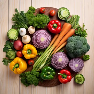 Fresh Assorted Vegetables Arranged on Wooden Board