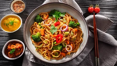 Stir Fried Noodles With Vegetables In A Bowl