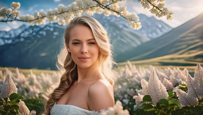 Beautiful Blonde Woman Standing In A Blooming Lilac Field