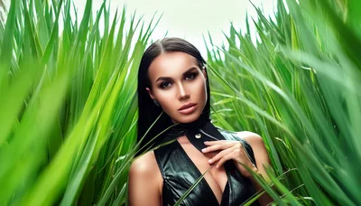Portrait Of A Beautiful Woman In Tall Green Grass