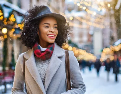 Smiling Woman Wearing Winter Coat And Hat Outdoors