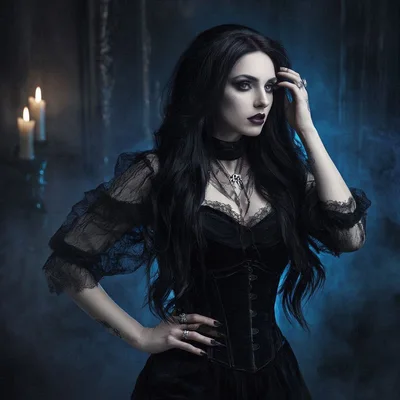Gothic Woman In Black Lace Dress Posing In Fog