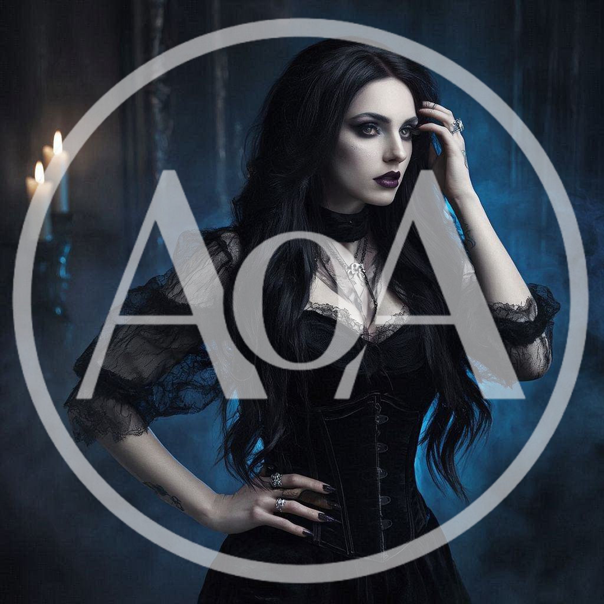 Gothic Woman In Black Lace Dress Posing In Fog