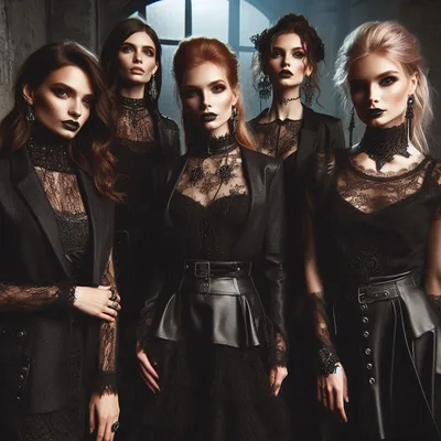 Group Of Five Gothic Women In Elegant Black Attire