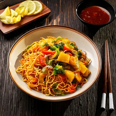 Stir Fried Noodles With Vegetables In A Bowl