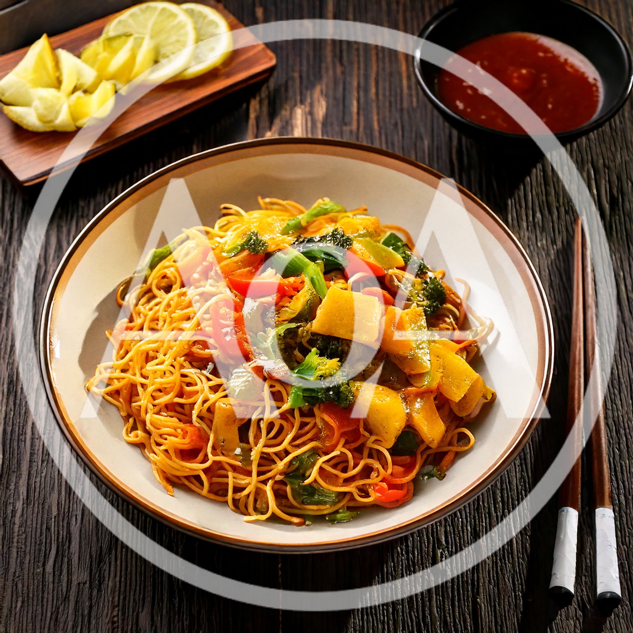 Stir Fried Noodles With Vegetables In A Bowl
