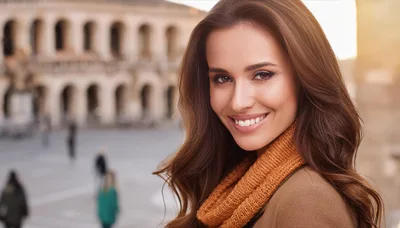 Smiling Woman With Brown Hair In A City Square