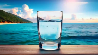 Glass Of Water On A Wooden Table By The Ocean