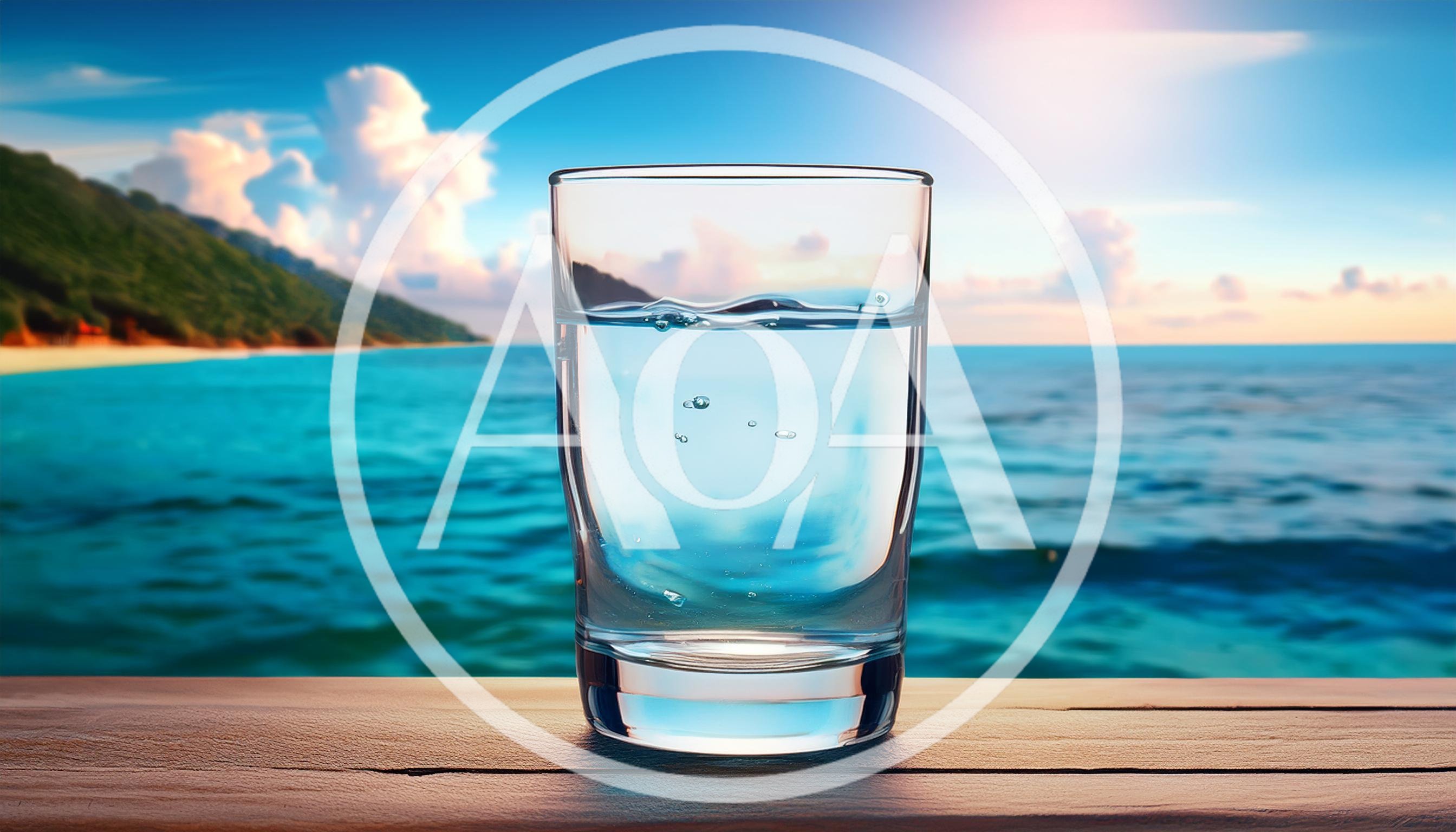Glass Of Water On A Wooden Table By The Ocean