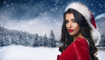Beautiful Woman Wearing Santa Hat In Snowy Landscape