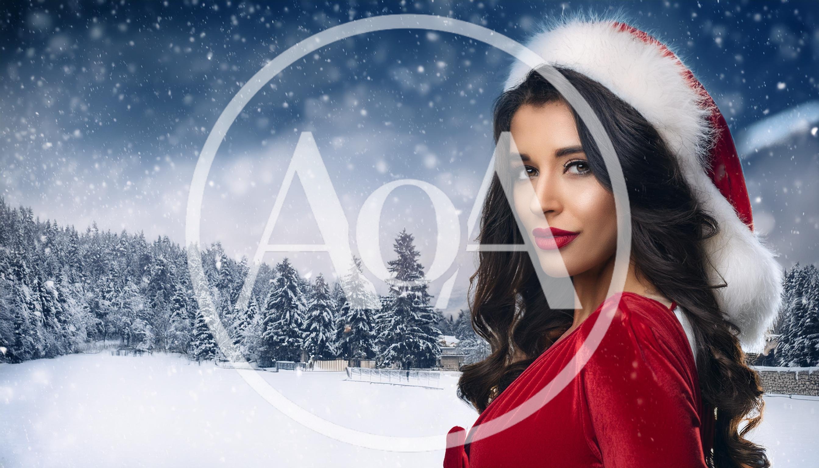 Beautiful Woman Wearing Santa Hat In Snowy Landscape