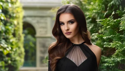 Elegant Woman With Long Wavy Hair In Garden