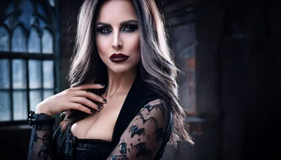 Gothic Woman With Dark Makeup In A Dark Room