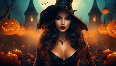 Beautiful Witch Portrait With Jack O Lanterns