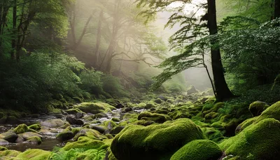 Mossy Rocks Along A Serene Forest Stream