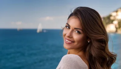 Beautiful Woman Smiling At Camera By The Sea