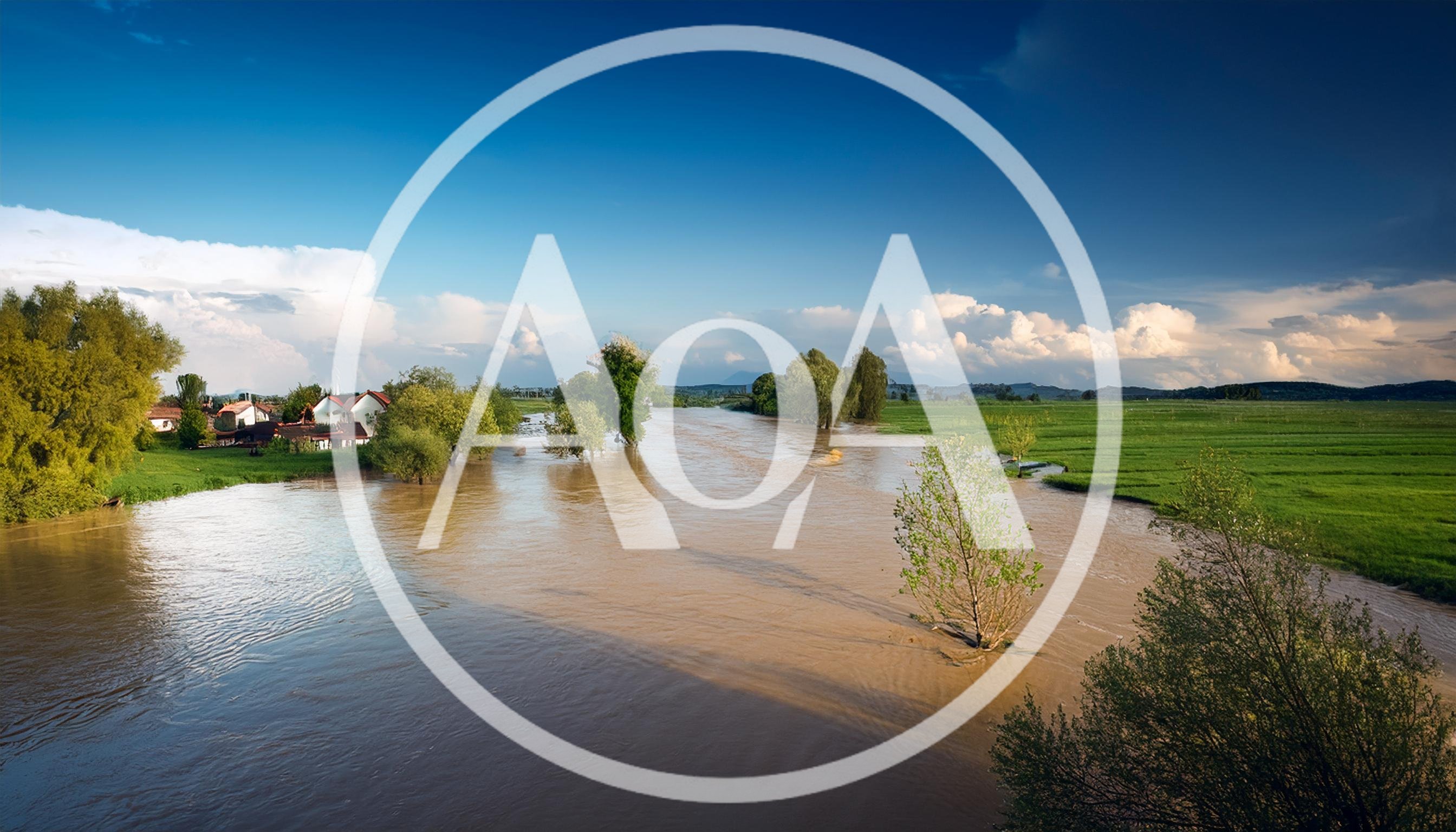 Flooded River Landscape With Submerged Trees And Houses