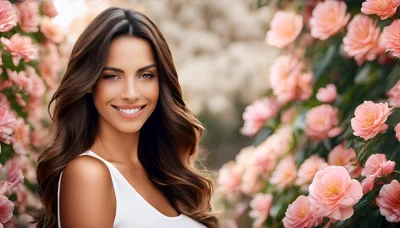 Beautiful Woman Smiling Amidst Blooming Pink Flowers