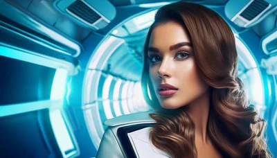 Portrait Of A Beautiful Woman In Futuristic Spaceship Corridor