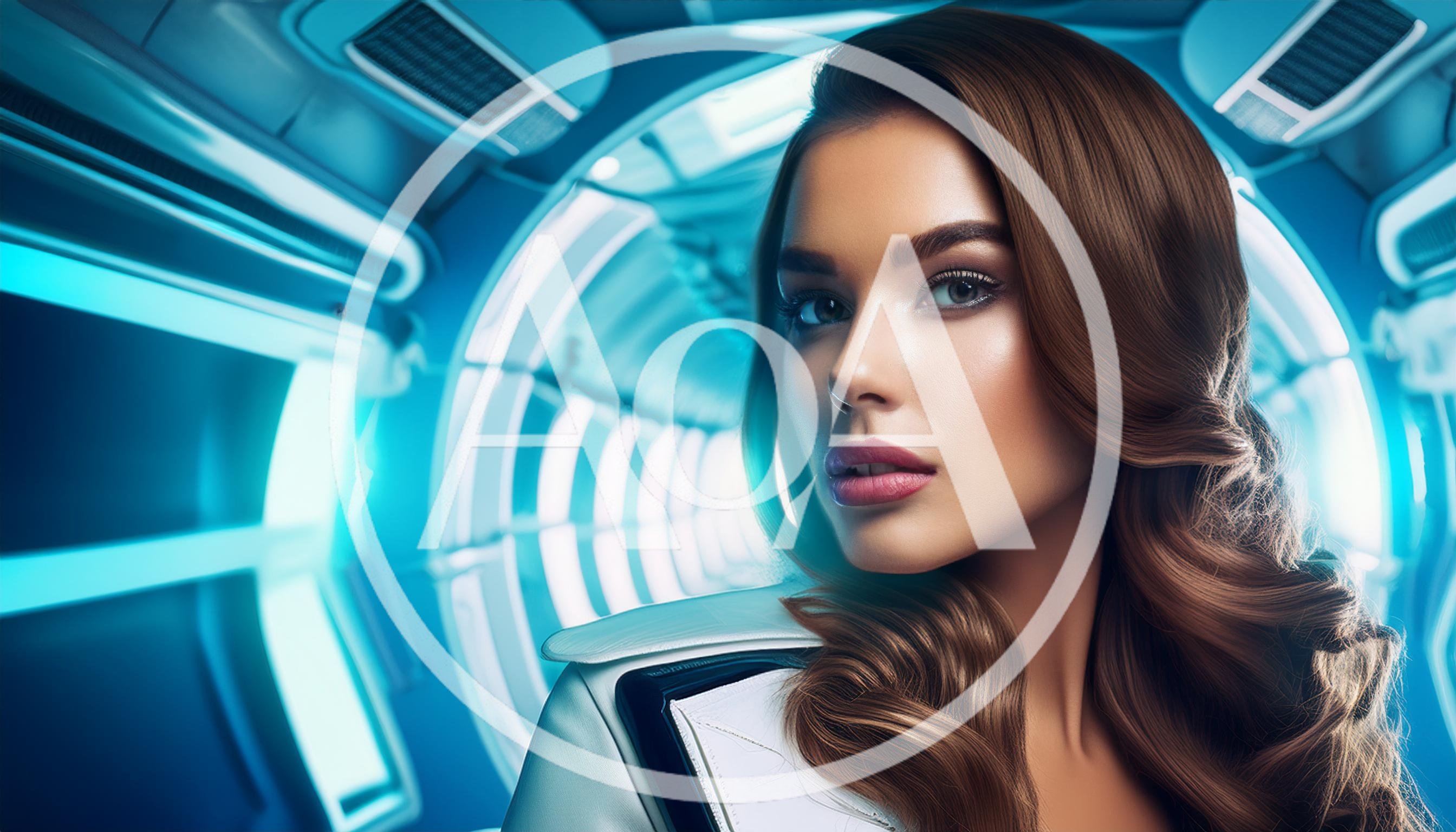Portrait Of A Beautiful Woman In Futuristic Spaceship Corridor
