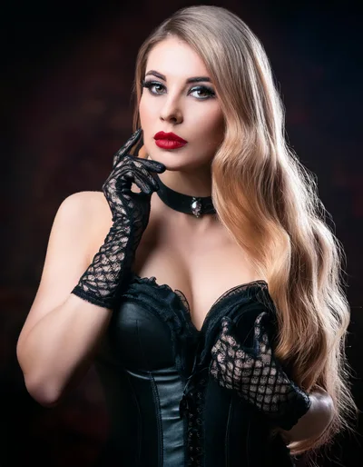 Elegant Woman Wearing Black Lace Gloves And Corset
