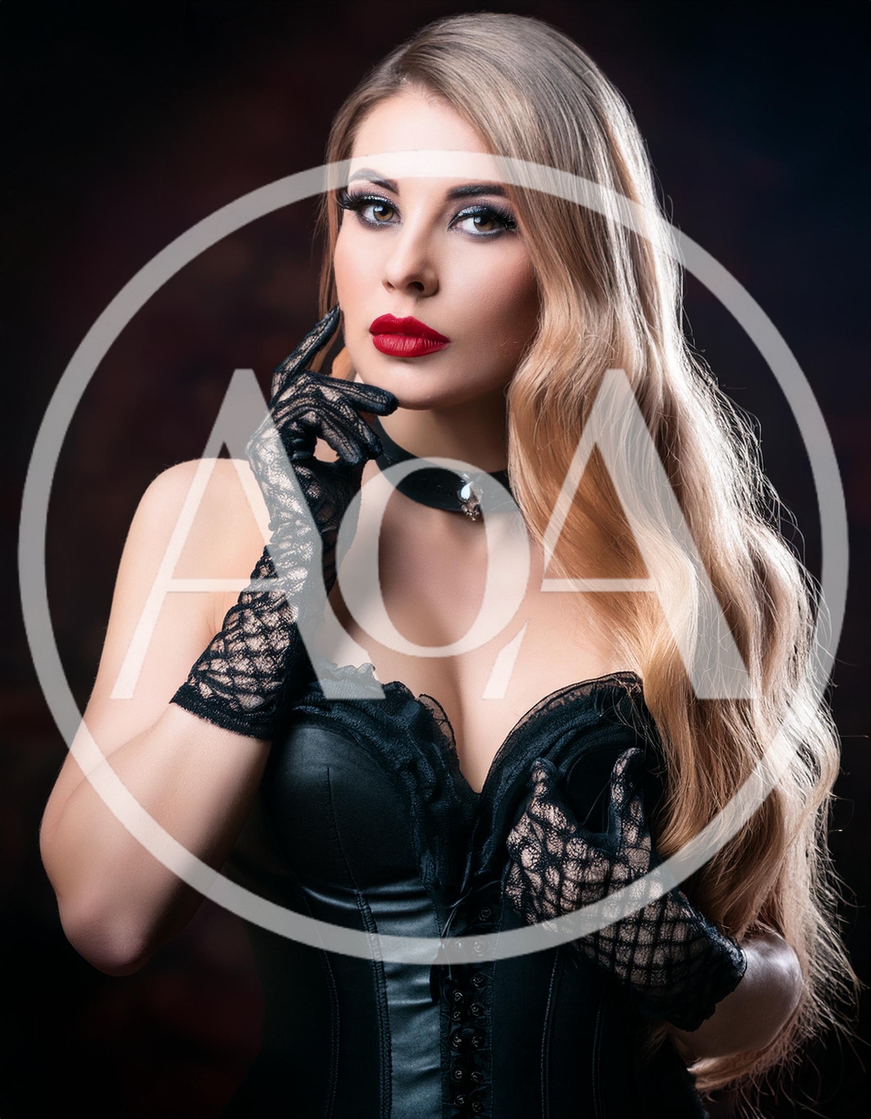 Elegant Woman Wearing Black Lace Gloves And Corset