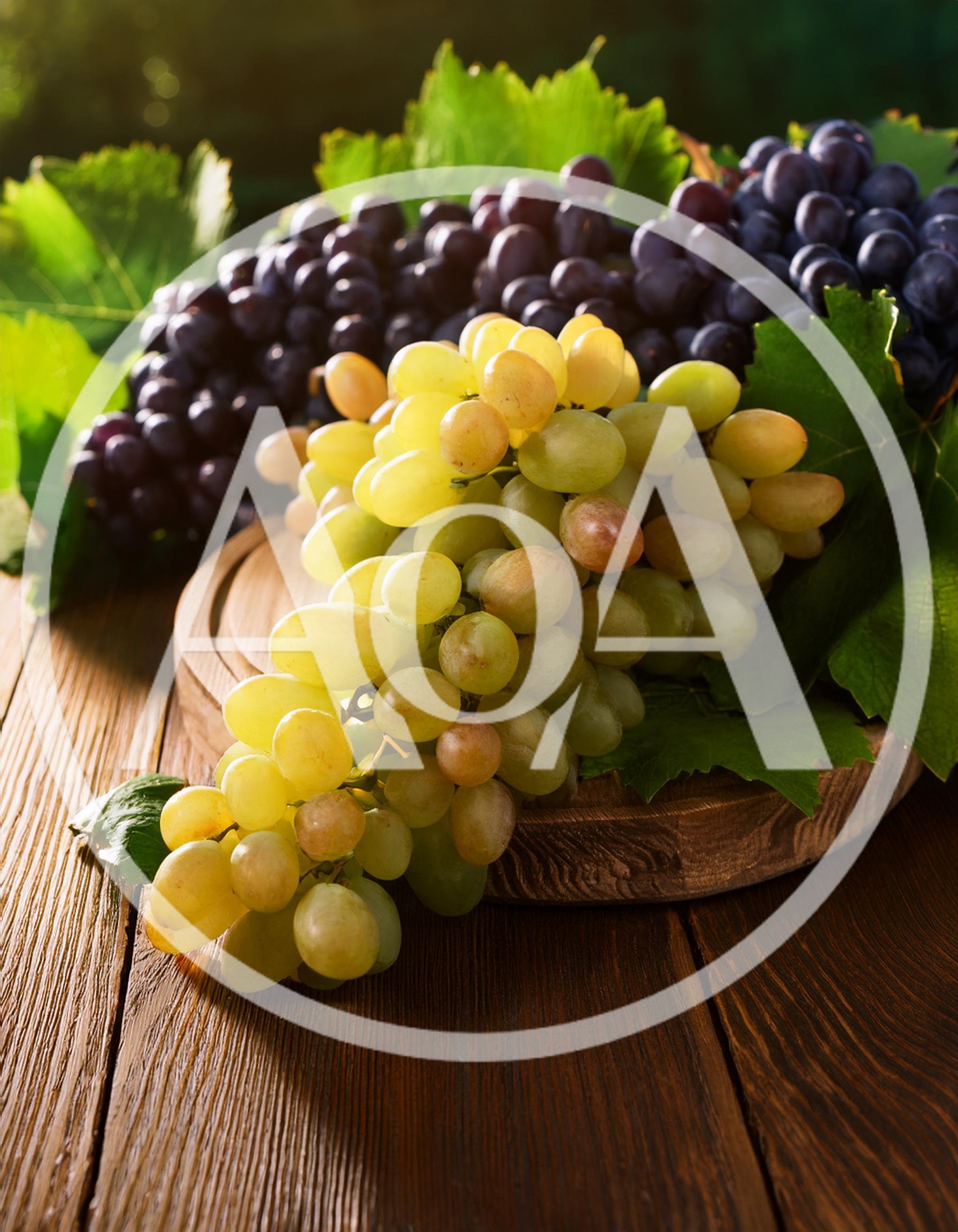 Fresh Green and Purple Grapes on Wooden Board