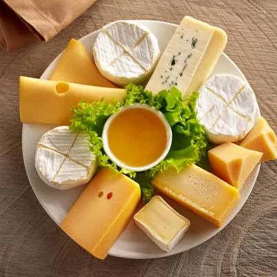 Assorted Cheese Platter With Honey And Lettuce