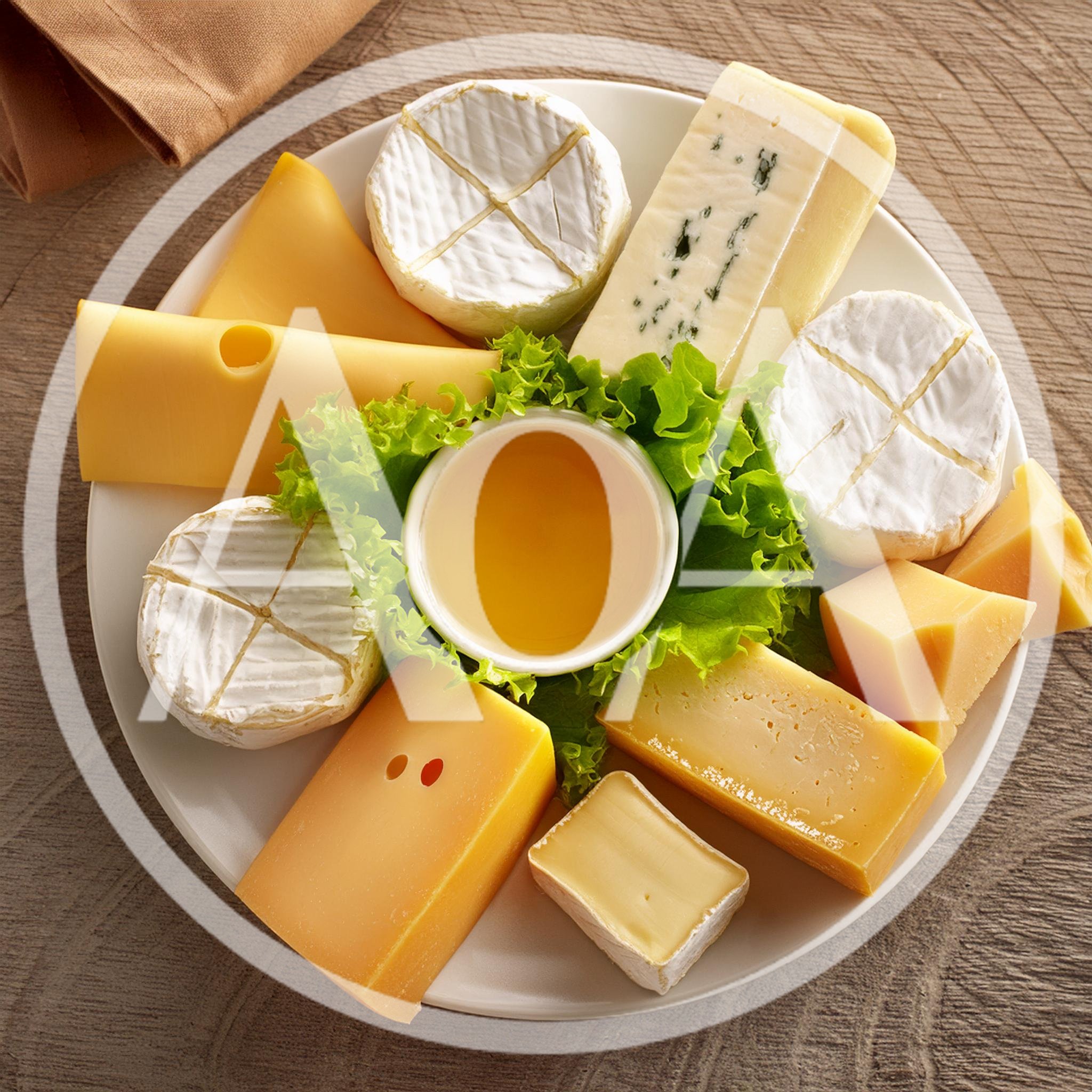 Assorted Cheese Platter With Honey And Lettuce