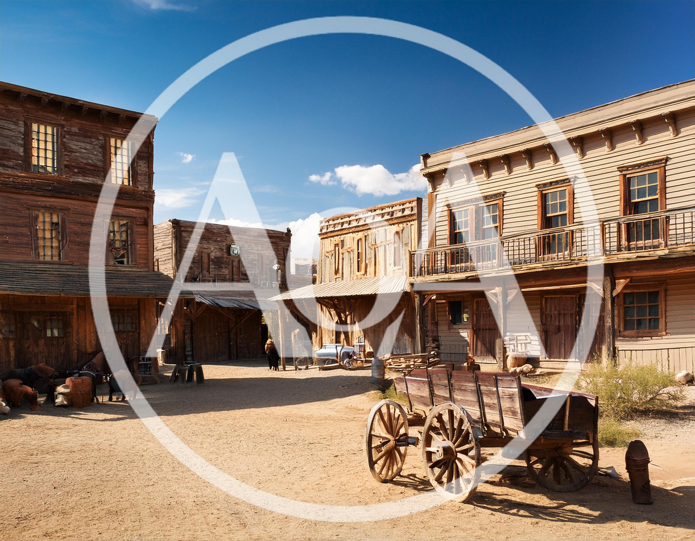 Old West Town Street With Wooden Buildings And Wagon