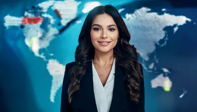Professional News Anchor Standing In Front Of World Map