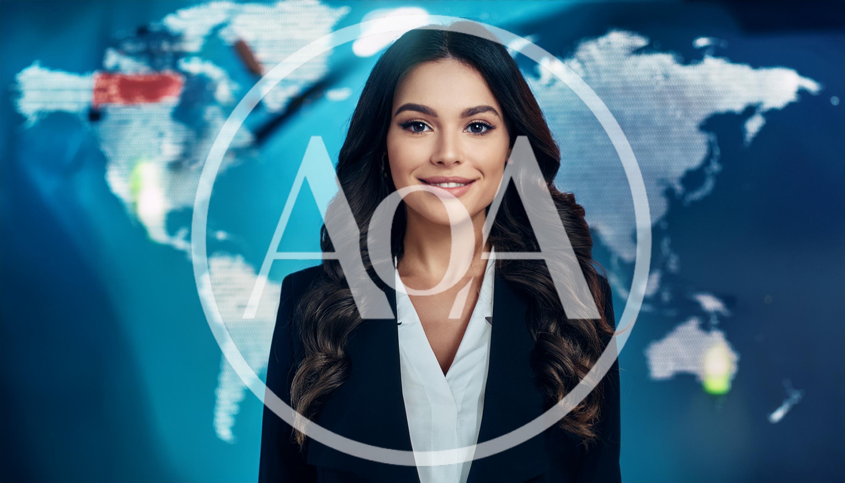 Professional News Anchor Standing In Front Of World Map