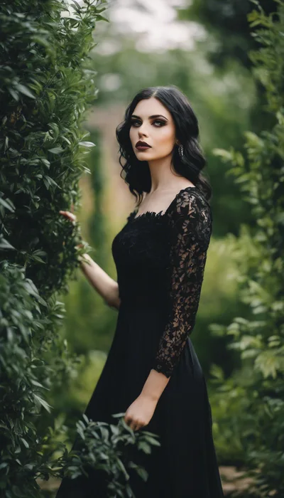 Gothic Woman in Black Lace Dress Standing in Garden
