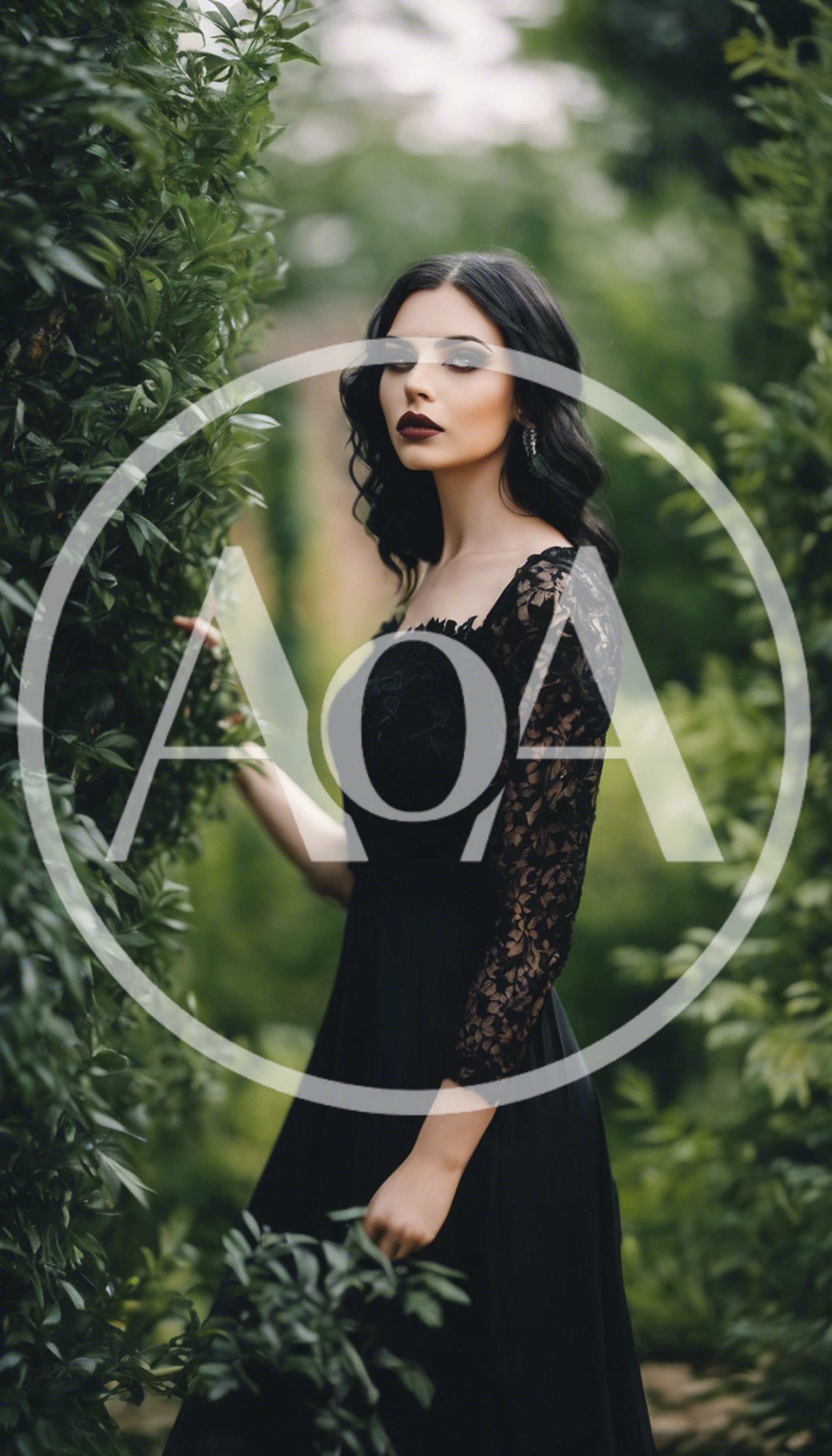 Gothic Woman in Black Lace Dress Standing in Garden
