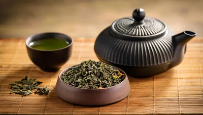 Green Tea Leaves With Teapot And Cup