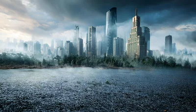 Futuristic City Skyline Overlooking A Misty Lake