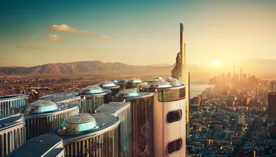 Futuristic Skyscraper Rooftop Overlooking A Vast Urban Cityscape