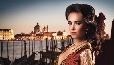 Elegant Woman In Venetian Costume Overlooking Venice Canal