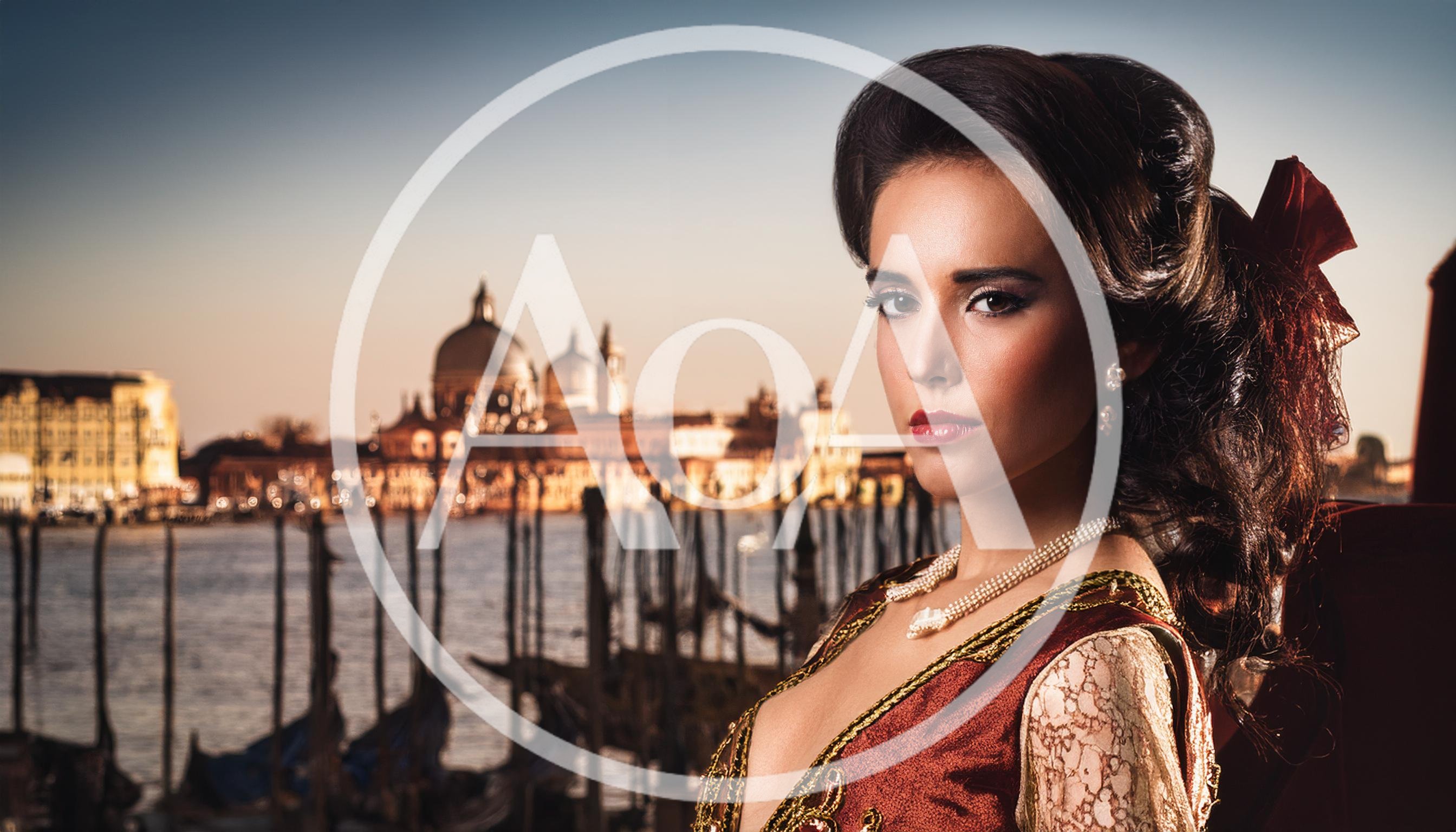 Elegant Woman In Venetian Costume Overlooking Venice Canal