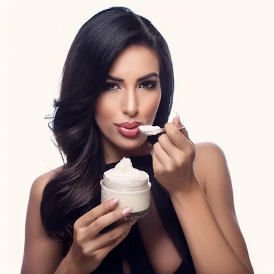 Beautiful Woman Applying Face Cream With A Spoon