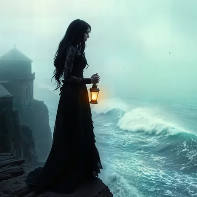 Gothic Woman Holding Lantern On A Misty Ocean Cliff