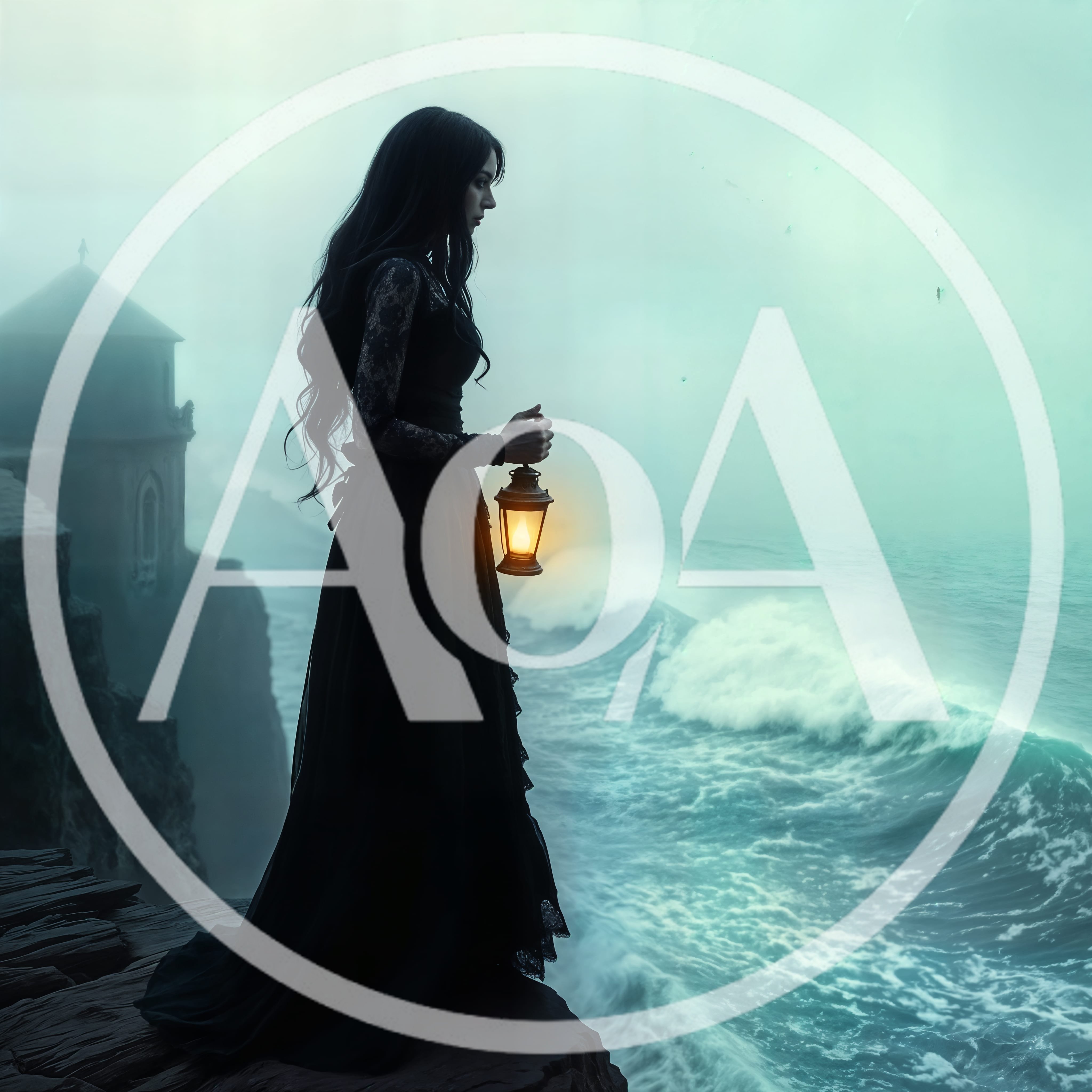 Gothic Woman Holding Lantern On A Misty Ocean Cliff