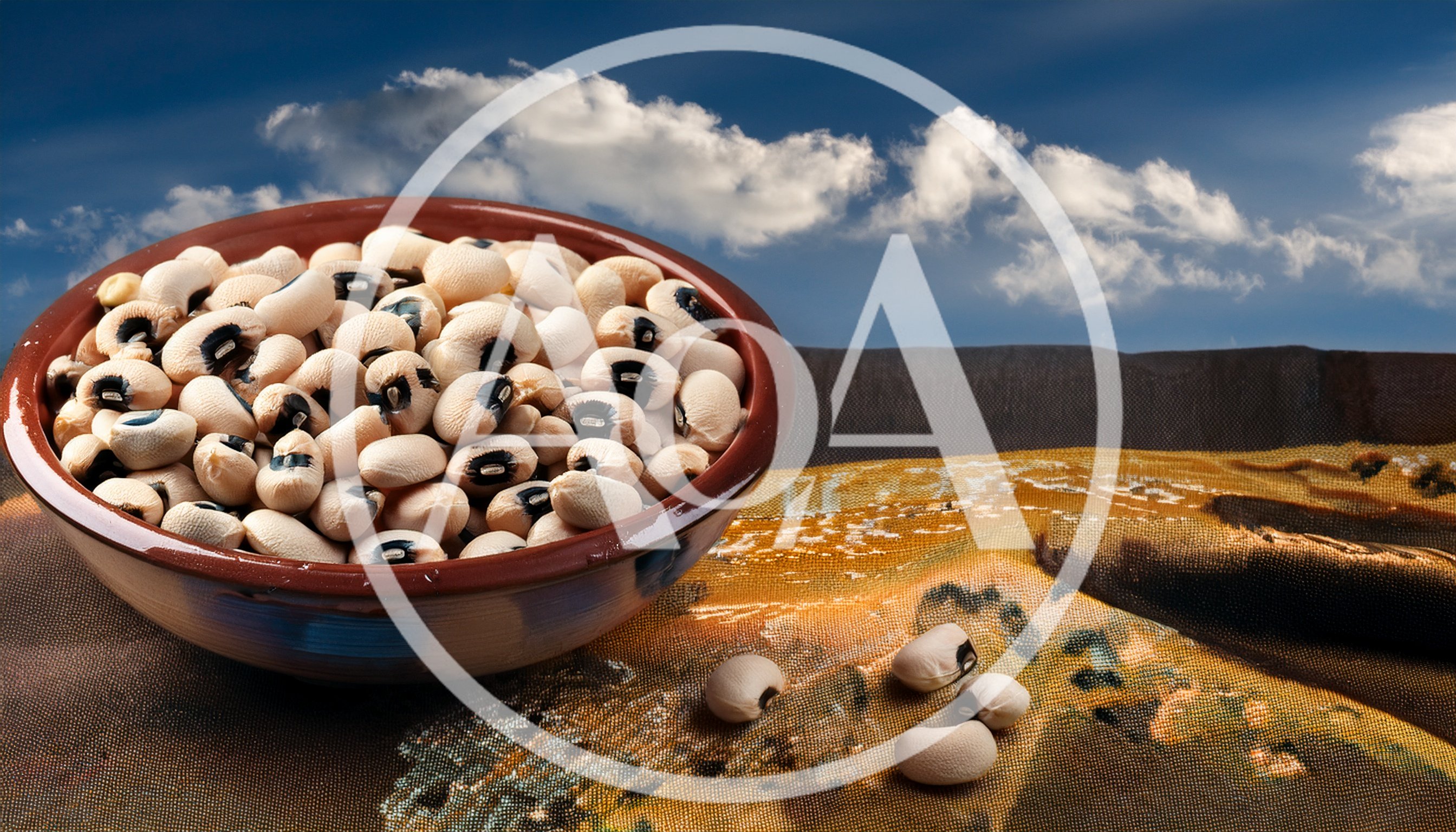 Bowl Of Dried Black Eyed Peas On Patterned Fabric