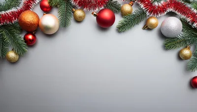 Christmas Ornaments and Pine Branches on Grey Background