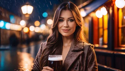 Young Woman Holding A Beer Glass In The Rain