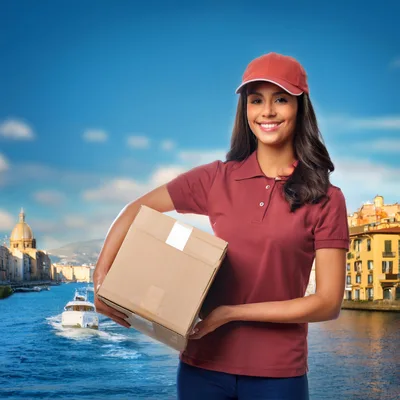 Smiling Delivery Woman Holding Cardboard Package